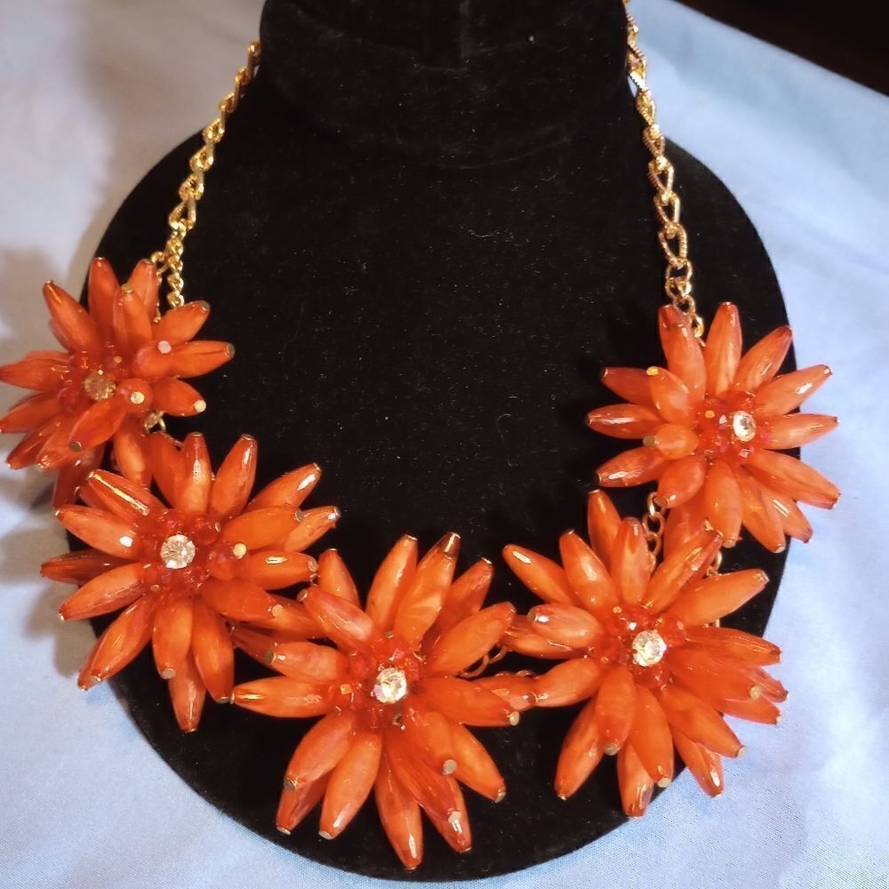 Large Statement Necklace Wfive Beaded Flowers, Nw… - image 1